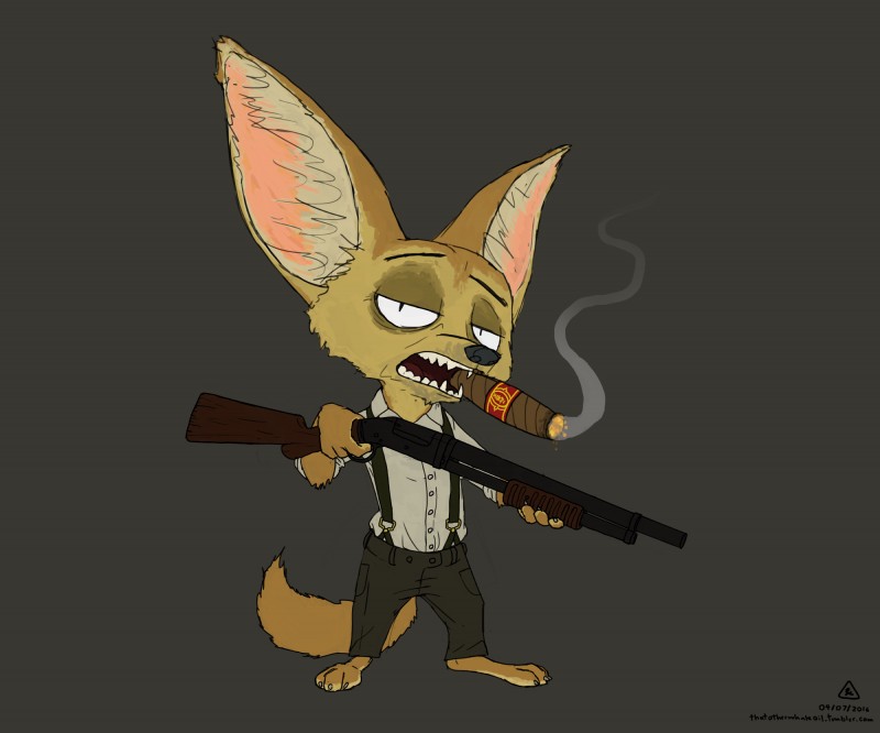 1920s_theme 3_toes anthro big_ears biped bottomwear brown_background cigar clothed clothing feet fur gangster grey_background gun holding_gun holding_object holding_ranged_weapon holding_weapon looking_at_viewer mafia male open_mouth pants ranged_weapon shirt shotgun simple_background smoke smoking solo standing suspenders t-shirt text toes topwear weapon thatotherwhaleoil disney zootopia finnick_(zootopia) canid canine fennec_fox fox mammal true_fox 2016 6:5 absurd_res hi_res signature url