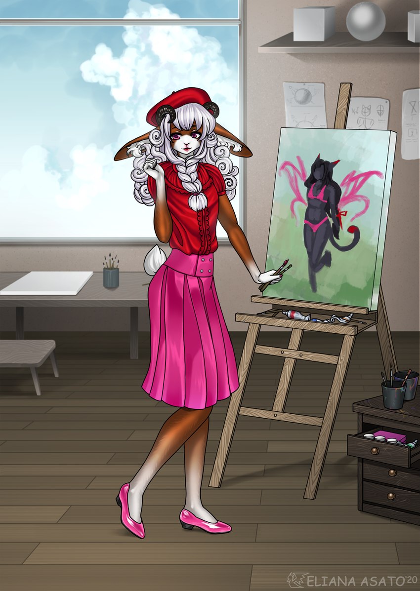 anthro art_studio artist big_ears bottomwear braided_hair brown_body brown_fur brush clothed clothing creating_art curled_hair day detailed_background easel female footwear fur furniture hair hat headgear headwear horn inside lipstick long_hair looking_at_viewer makeup paintbrush painting pink_clothing pink_eyes red_clothing red_hat red_headwear red_shirt red_topwear shirt shoes short_tail skirt sky slim solo tail topwear tuft white_hair window eliana-asato hybrid lagomorph leporid mammal rabbit digital_media_(artwork) hi_res