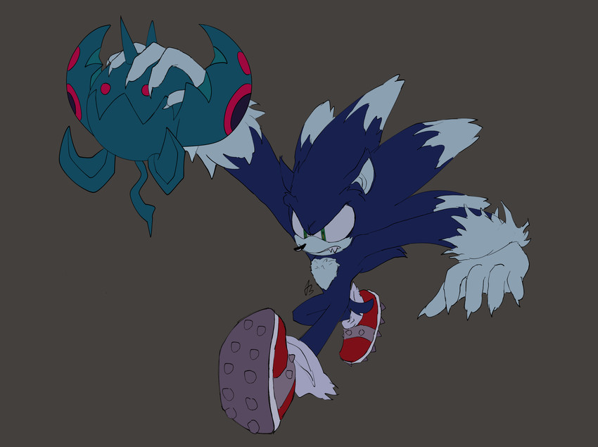 ambiguous_gender anthro biped blue_body blue_fur claws clothing duo footwear fur green_eyes grey_background grey_body grey_fur looking_down male pink_body red_clothing red_footwear red_shoes shoes simple_background teeth ph0slux sega sonic_the_hedgehog_(series) sonic_unleashed sonic_the_hedgehog sonic_the_werehog dark_gaia_minion eulipotyphlan mammal werecreature wereeulipotyphlan werehog 2020 digital_media_(artwork) hi_res