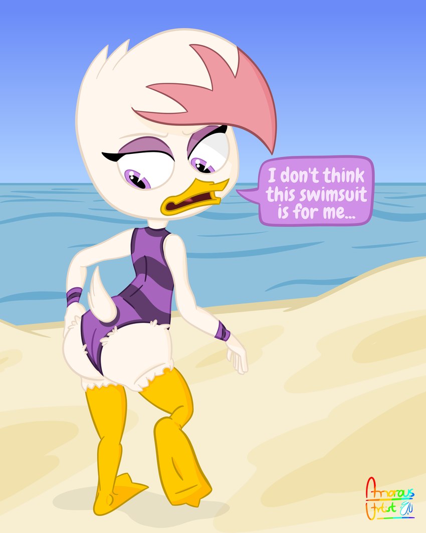 anthro bracelet clothing dialogue eyeshadow feet female hair highlights_(coloring) jewelry loli makeup membrane_(anatomy) one-piece_swimsuit purple_eyes solo swimwear text tight_clothing toes webbed_feet young young_anthro young_female amorousartist disney ducktales ducktales_(2017) lena_(ducktales) anatid anseriform avian bird duck 4:5 absurd_res english_text hi_res