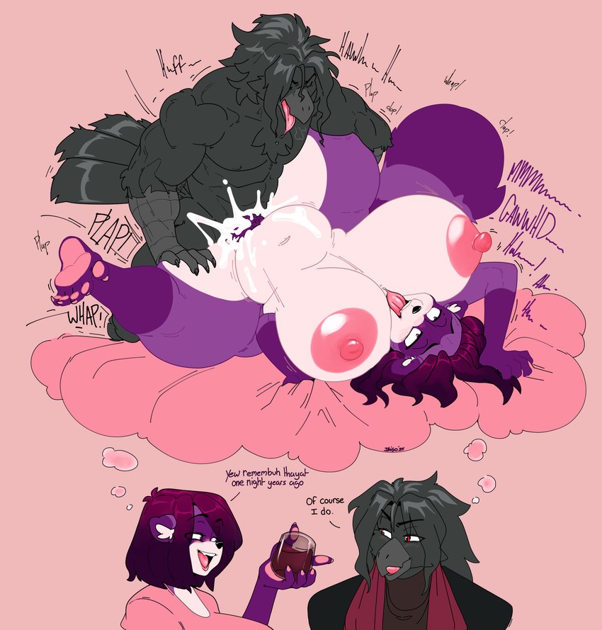 5_fingers 5_toes anthro anthro_on_anthro anthro_penetrated anthro_penetrating anthro_penetrating_anthro areola beak big_breasts biped bodily_fluids breasts clothed clothing cum duo feet female female_penetrated fingers genital_fluids hair huge_breasts interspecies male male/female male_penetrating male_penetrating_female muscular muscular_anthro muscular_male nipples penetration sex text toes tongue tongue_out daigo avian bird corvid corvus_(genus) crow mammal oscine passerine absurd_res english_text hi_res