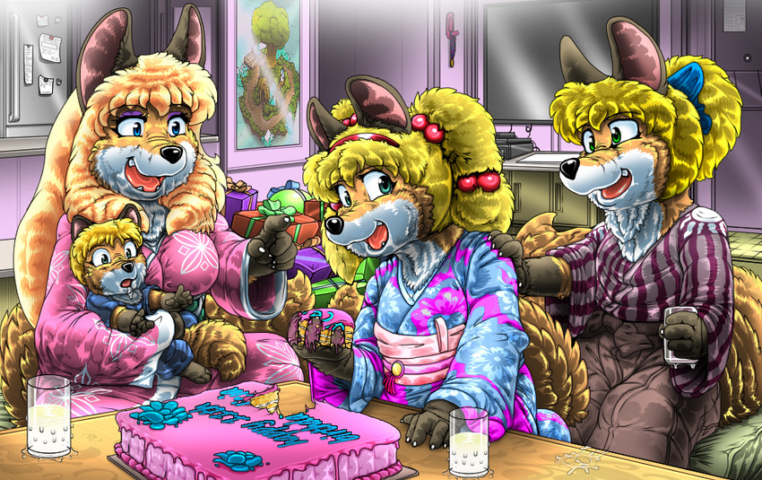 anthro asian_clothing baby birthday birthday_cake blonde_hair blue_eyes brown_body brown_fur cake claws clothing countershade_face countershade_torso countershading dessert east_asian_clothing eyelashes eyeshadow family female fluffy fluffy_tail food fur furniture gift green_eyes group hair hand_on_shoulder happy holding_object inside japanese_clothing kimono makeup male open_mouth plushie-like ponytail sitting smile strawberry_blonde table tail text tied_hair white_body white_countershading white_fur young young_anthro kitsune_youkai celicia_(kitsune_youkai) firecat julian_(kitsune_youkai) kit_(kitsune_youkai) canid canine fox mammal red_fox true_fox 2021 english_text aunt_(lore) aunt_and_nephew_(lore) aunt_and_niece_(lore) brother_(lore) brother_and_sister_(lore) father_(lore) mother_(lore) nephew_(lore) niece_(lore) parent_(lore) sibling_(lore) sister_(lore) son_(lore) uncle_(lore) uncle_and_nephew_(lore) uncle_and_niece_(lore)