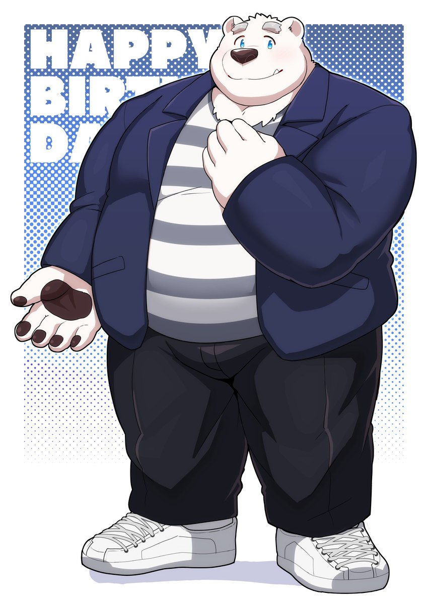 anthro belly black_nose blue_eyes bottomwear clothing humanoid_hands kemono male overweight overweight_male pants shirt solo text topwear white_body 12beat13 utau shirane_kan bear mammal polar_bear ursine 2024 absurd_res english_text hi_res