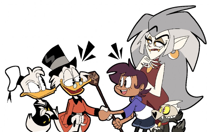 anthro asymmetrical_horns beak bone broken_horn clothed clothing female group hair horn humanoid_pointy_ears male pointy_ears simple_background skull skull_head white_background eeyorbstudios disney ducktales ducktales_(2017) the_owl_house donald_duck eda_clawthorne king_clawthorne luz_noceda owlbert_(the_owl_house) scrooge_mcduck anatid anseriform avian bird canid canid_demon canine demon duck human humanoid mammal owl palisman_(the_owl_house) titan_(the_owl_house) witch_(the_owl_house) crossover