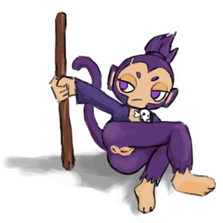 anthro anus bone butt feet female fur genitals lying on_side presenting purple_body purple_fur pussy skull solo staff tail sluggle bloons_tower_defense ninja_kiwi ezili_(bloons) haplorhine mammal monkey primate 1:1 hi_res