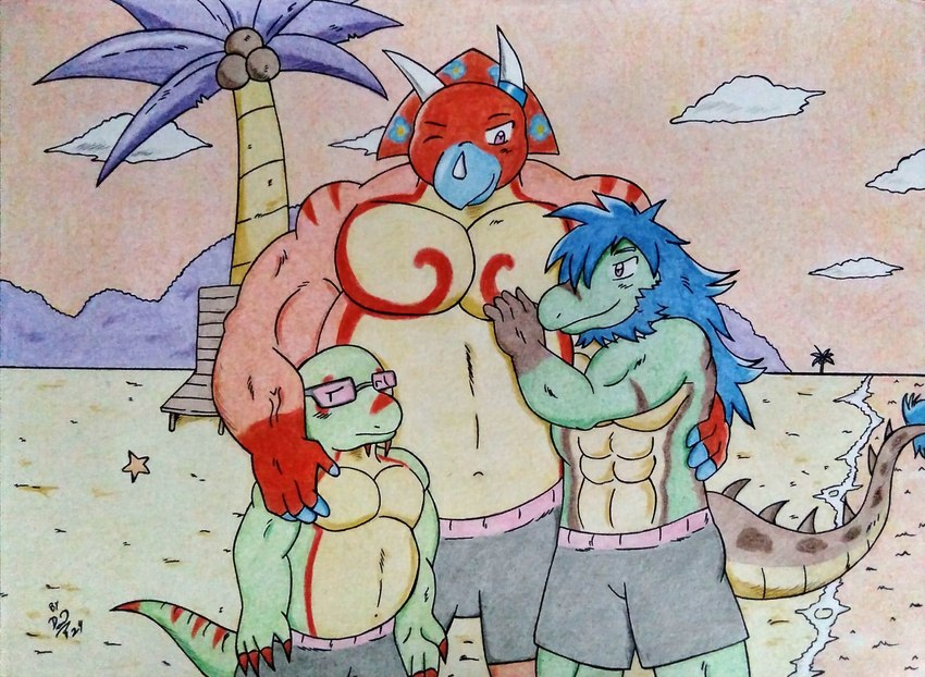 2_horns abs anthro beach beach_chair belly biceps big_belly big_muscles big_pecs black_bottomwear black_clothing black_shorts blue_hair bottomwear claws clothed clothing detailed_background eyewear glasses green_body hair horn hug long_hair male manly multicolored_body musclegut muscular muscular_anthro muscular_arms muscular_male navel outside overweight overweight_male palm_tree pecs plant purple_eyes red_body sand seaside shirtless shirtless_anthro shorts shorts_only shy sunset tail thick_tail topless touching_pecs tree dashthefox ceratopsian crocodile crocodilian dinosaur ornithischian prehistoric_species reptile scalie triceratops 2024 hi_res traditional_media_(artwork)