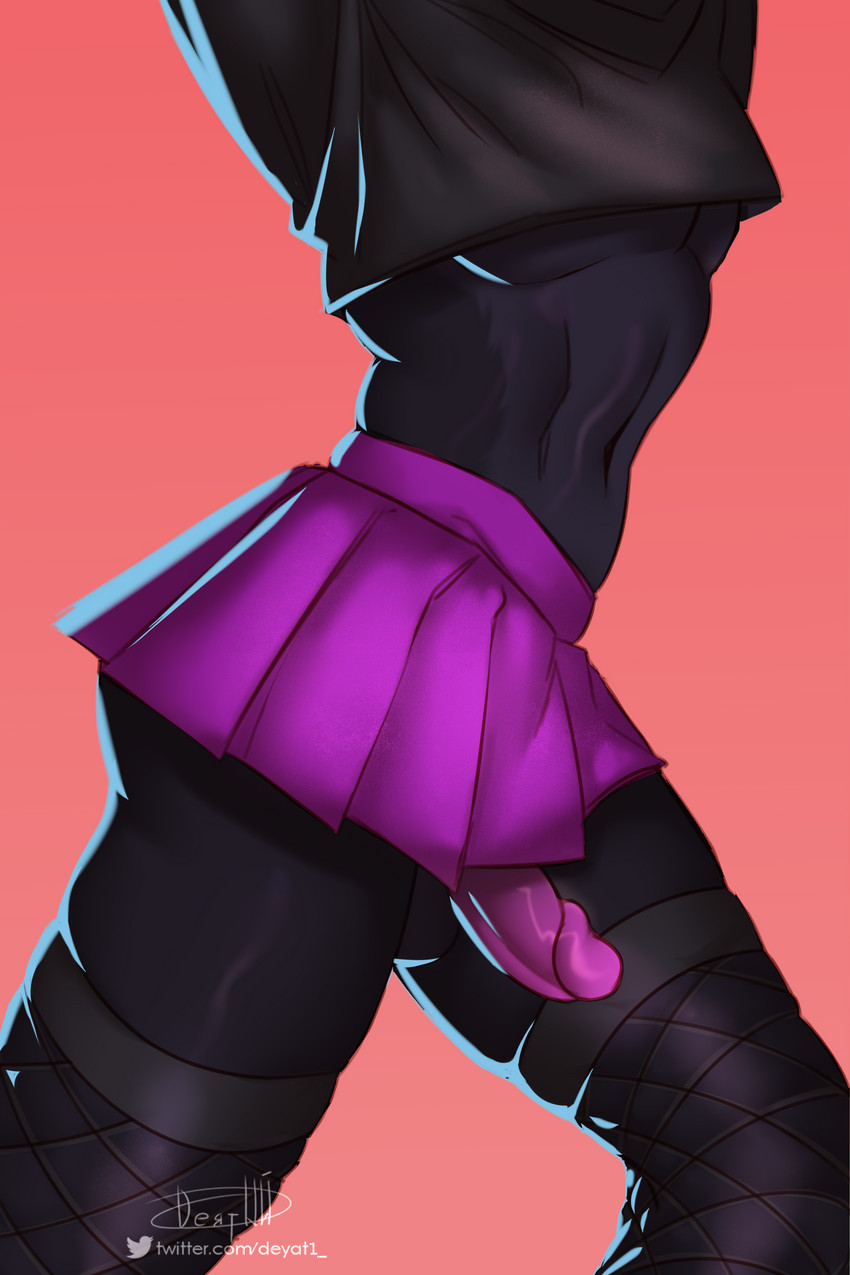 anthro black_body bottomwear clothing crop_top femboy genitals legwear male penis pose prosthetic purple_penis shirt skirt solo stockings teasing thick_thighs topwear deyati suerte deity domestic_cat felid feline felis mammal 2:3 absurd_res hi_res pinup