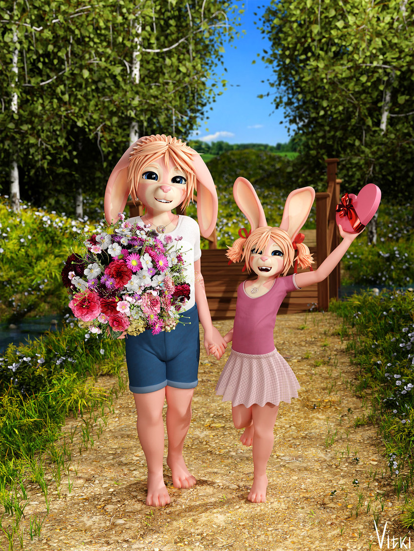 anthro duo female flower male outside plant standing young young_anthro vitki lagomorph leporid mammal rabbit 2020 3:4 3d_(artwork) digital_media_(artwork) hi_res signature