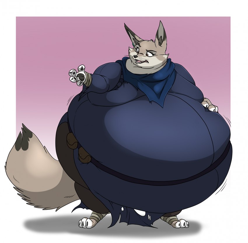 anthro belly belt big_belly bottomwear claws clothed clothing ear_piercing ears_up fangs female fur hand_on_belly morbidly_obese morbidly_obese_anthro morbidly_obese_female obese obese_anthro obese_female open_mouth overweight overweight_anthro overweight_female pants paws piercing scarf solo standing tail teeth whiskers hectorthewolf dreamworks kung_fu_panda zhen_(kung_fu_panda) canid canine corsac_fox fox mammal true_fox 2024 hi_res