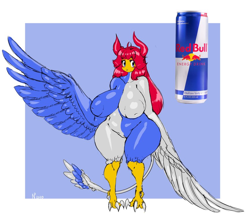 avian_feet beverage_can blue_body breasts female genitals hair horn inverted_nipples looking_at_viewer nipples nude pussy red_hair solo standing tail white_body wings gausscannon red_bull avian 2020 absurd_res hi_res