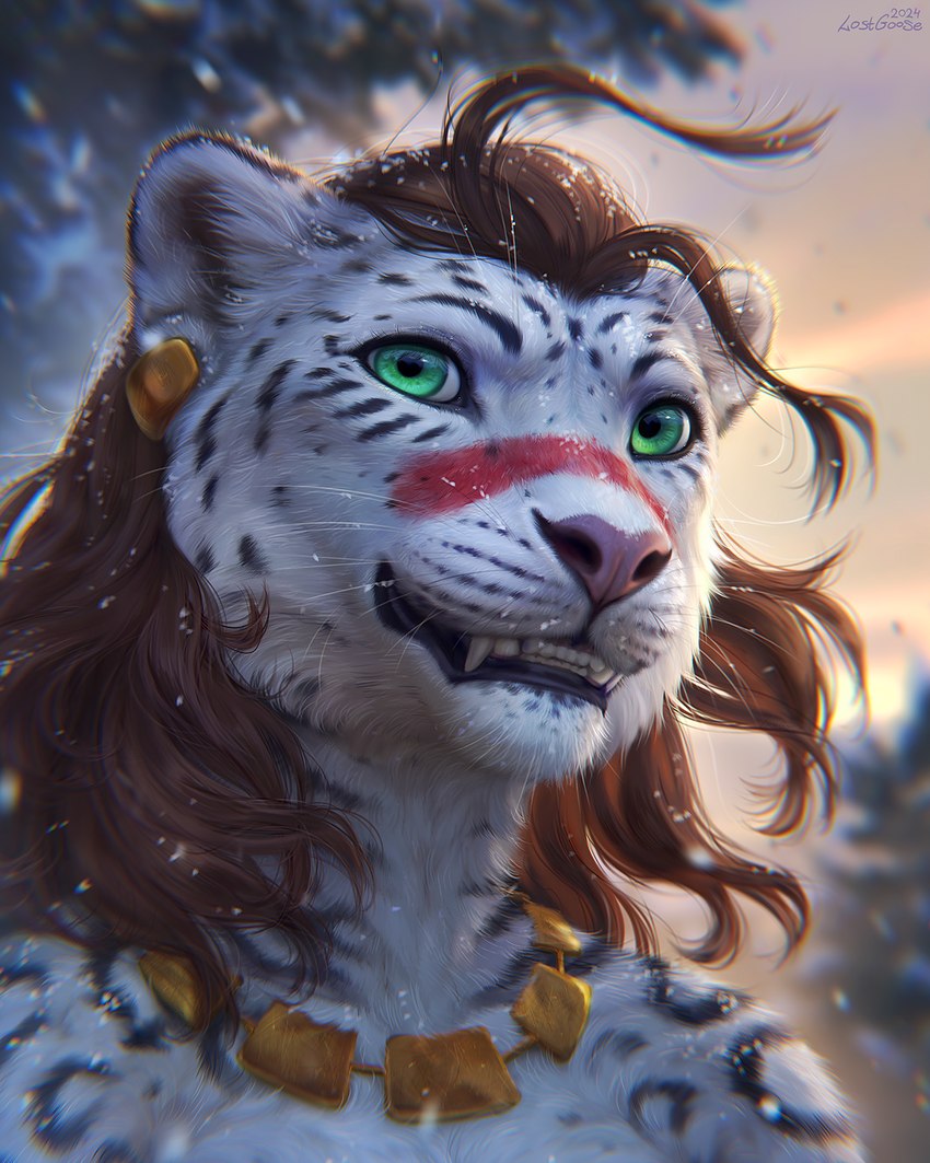 anthro brown_hair ear_piercing ear_ring fangs female gold_accessory green_eyes grin hair jewelry necklace piercing plant ring_piercing sky smile snow snow_on_fur solo teeth tree lostgoose zatani felid leopard mammal pantherine 2024 4:5 hi_res