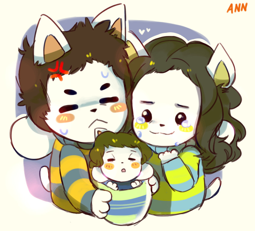 anthro baby biped blush blush_stickers clothed clothing cross-popping_vein family female front_view fully_clothed group hair male pattern_clothing pattern_topwear standing striped_clothing striped_topwear stripes swaddling sweater topwear white_body young undertale undertale_(series) temmie_(undertale) mammal tem digital_media_(artwork) half-length_portrait portrait signature