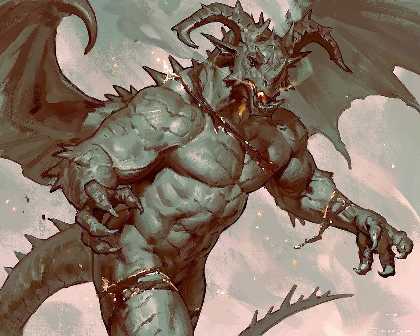 anthro biceps bottomwear clothing fire horn male muscular muscular_anthro muscular_male nude open_mouth pecs sharp_teeth shirtless simple_background solo tail teeth torn_clothing wings taran_fiddler mythology dragon mythological_creature mythological_scalie scalie were weredragon 2022 5:4 digital_media_(artwork) greyscale hi_res monochrome