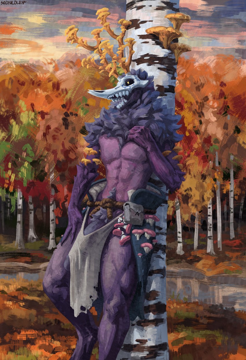 abs anthro antlers athletic bag belt big_penis birch_tree black_sclera bone bottomwear bulge clothing countershading detailed_background digitigrade forest fungus genitals glowing glowing_eyes hand_on_leg hand_on_thigh horn leaning leaning_backward loincloth male markings morning mushroom mushroom_cap nature nature_background neck_tuft open_mouth penis plant pubes purple_body river rope rope_belt skull skull_head solo standing teeth tree tuft yawn yellow_eyes sadnicole american_mythology indigenous_north_american_mythology mythology north_american_mythology deer hybrid mammal new_world_deer reindeer wendigo absurd_res hi_res shaded