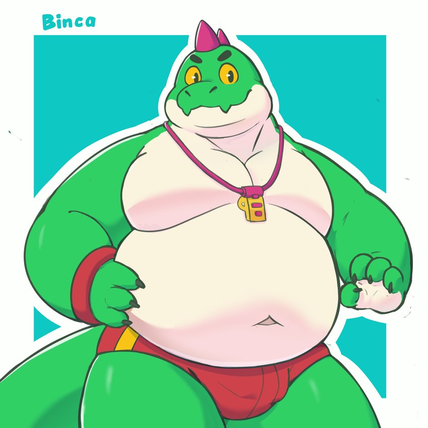 anthro belly clothing eyewear green_body looking_at_viewer male overweight overweight_anthro overweight_male red_clothing solo swimwear whistle_(object) yellow_eyes binca_233 brawl_stars supercell_(company) buzz_(brawl_stars) dinosaur prehistoric_species reptile scalie 1:1 hi_res