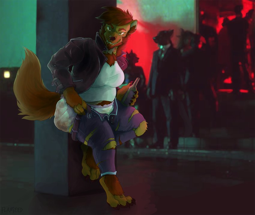 alcohol alternative_fashion anthro beer beverage clothed clothing detailed_background diaper feces female modern punk scatplay soiled_diaper soiling solo unclean_diaper used_diaper flax_(artist) scaramouche_rotbelly gnoll hyena mammal filth hi_res