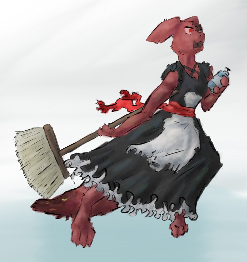 anthro broom burn_scar cleaning_tool clothing eye_scar facial_scar feet female maid_uniform paws red_body scar simple_background solo toes uniform alexleviafan rain_world videocult artificer_(rain_world) slugcat digital_media_(artwork)