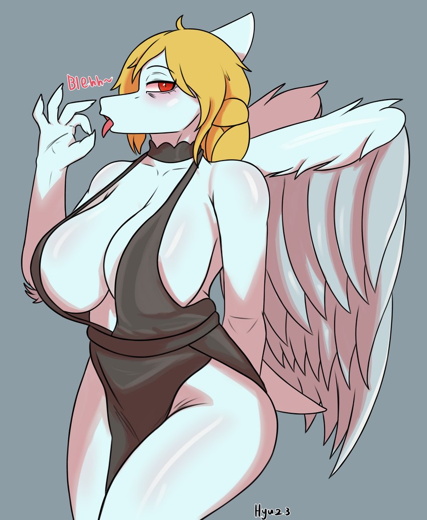 5_fingers anthro apron bedroom_eyes big_breasts biped black_apron black_clothing blonde_hair blue_background blue_body blue_scales bone_frill breasts clothed clothed_anthro clothed_female clothing feathered_wings feathers female fingers frill_(anatomy) grey_body grey_feathers hair half-closed_eyes hand_behind_back head_turned humanoid_hands long_hair looking_at_viewer mature_anthro mature_female narrowed_eyes non-mammal_breasts pose red_eyes scales seductive shadow short_tail side_boob simple_background skimpy solo standing tail text tongue tongue_out wide_hips wings hyuvevo cavemanon_studios snoot_game samantha_(snoot_game) prehistoric_species pterodactylus pterosaur reptile scalie 2024 absurd_res artist_name colored english_text hi_res pinup portrait shaded three-quarter_portrait