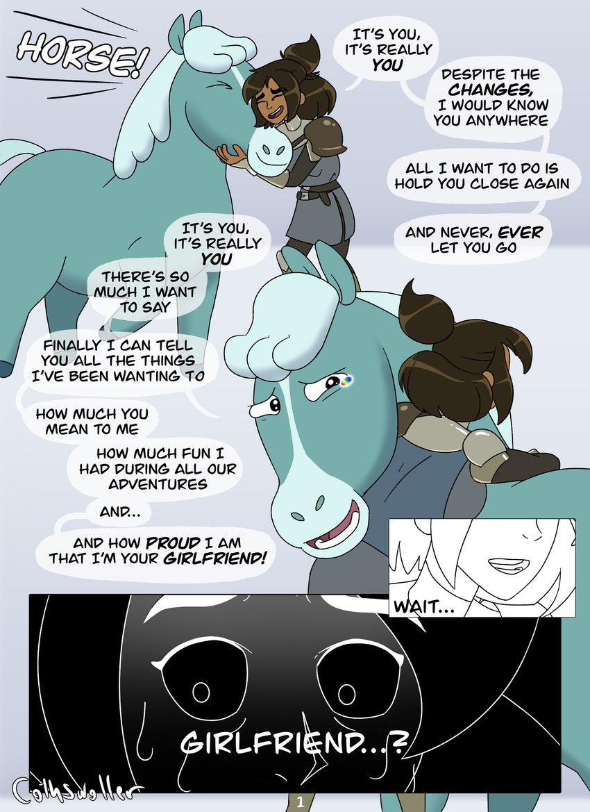 armor bodily_fluids crying dialogue female feral grey_body hooves hug quadruped size_difference tears text cothswoller centaurworld netflix horse_(centaurworld) rider_(centaurworld) equid equine horse human mammal absurd_res comic english_text hi_res