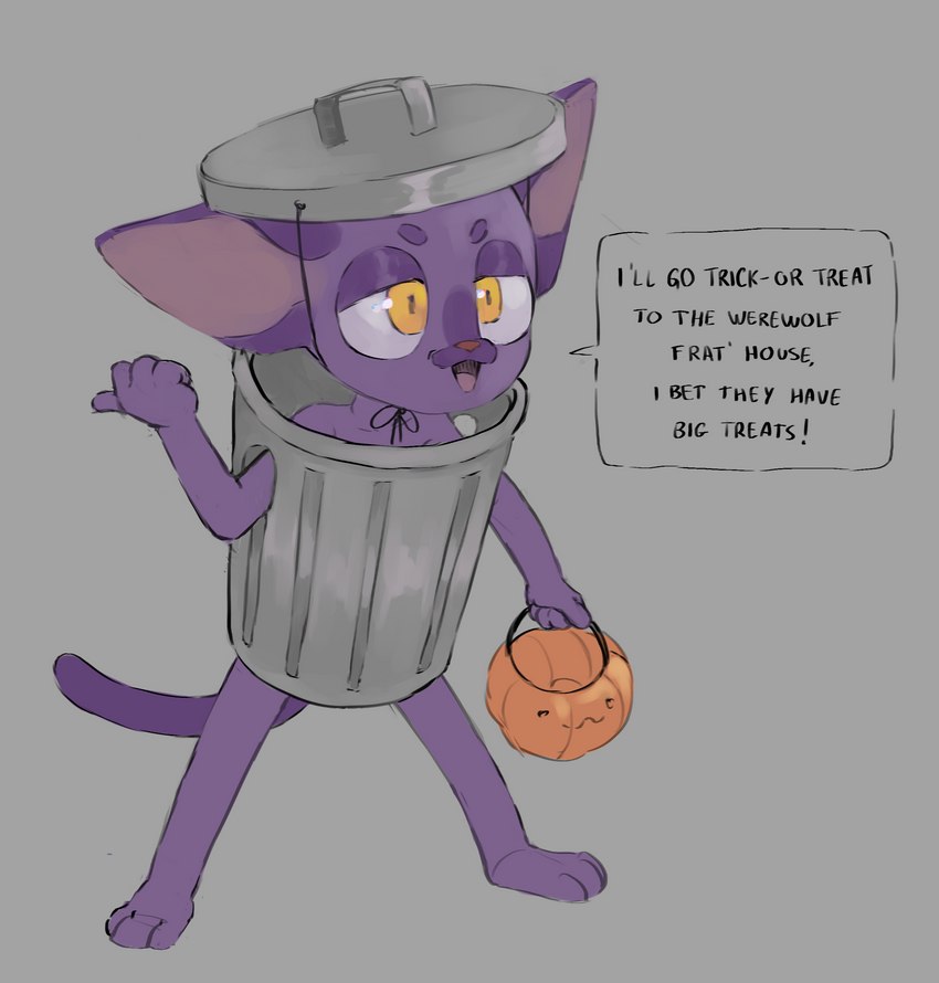 anthro biped clothing costume eyebrows fingers holding_object holidays inside_trash_can male open_mouth open_smile purple_body smile solo tail text trash_can yellow_eyes young young_anthro young_male nononge halloween purple_cat_(nononge) domestic_cat felid feline felis mammal absurd_res english_text hi_res