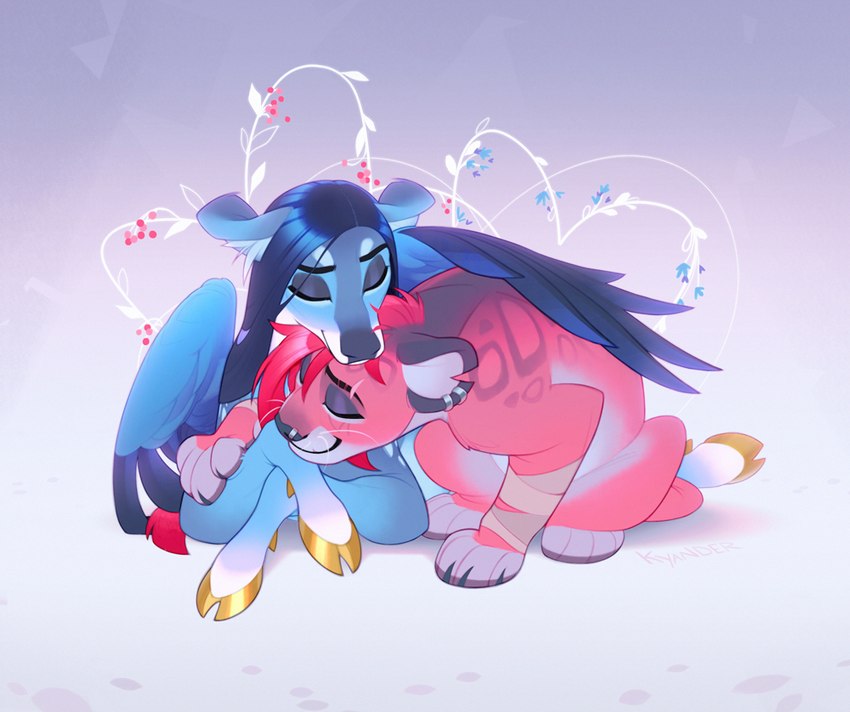 4_fingers 4_toes ambiguous_feral ambiguous_gender duo ear_piercing ear_ring eyebrows eyelashes eyes_closed feathered_wings feathers feet feral fingers hooves piercing ring_piercing toes whiskers wings kyander deer felid feline mammal 2022 digital_media_(artwork)