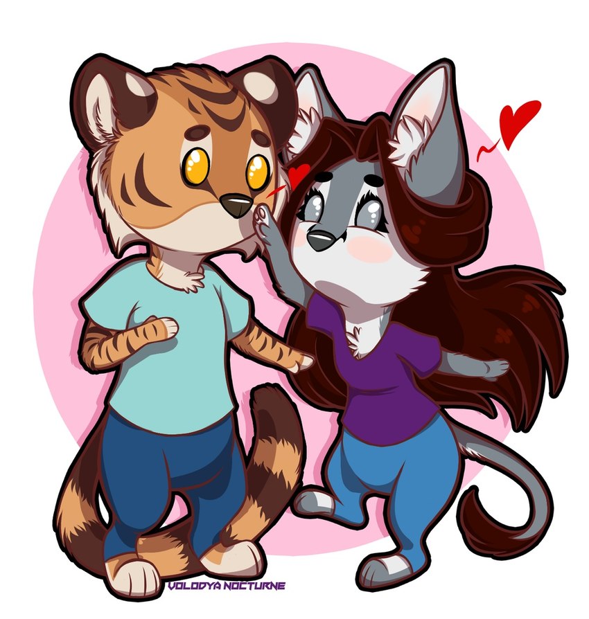 anthro chibi clothing countershading duo female jumping long_tail male male/female shirt spouse stripes t-shirt tail topwear volodyanocturne renita vikram canid canine canis felid mammal pantherine tiger wolf