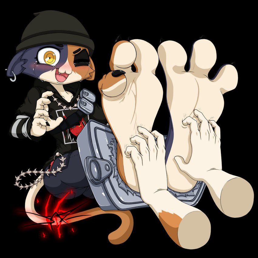 3_toes 5_fingers ambiguous_gender anthro barefoot beanie clothed clothing disembodied_hand duo ear_piercing feet female fingers foot_fetish foot_focus hat headgear headwear hindpaw humanoid_feet mostly_offscreen_character mottled one_eye_closed open_mouth paws piebald piercing plantigrade simple_background soles solo_focus tickle_fetish tickling tickling_feet toes white_background dazidentevil epic_games fortnite meow_skulls meowscles calico_cat domestic_cat felid feline felis mammal 2022 absurd_res digital_media_(artwork) hi_res brother_(lore) brother_and_sister_(lore) sibling_(lore) sister_(lore)