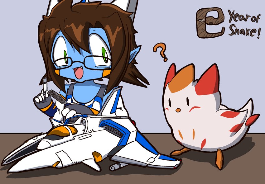 anthro biped blue_body brown_hair chibi clothing eyewear facial_markings feathers feral file_(tool) glasses gloves group hair handwear head_markings kemono male markings model_kit multicolored_body multicolored_feathers spacecraft vehicle gunma747j chinese_zodiac gradius mythology year_of_the_snake gunma_(gunma747j) vic_viper avian dragon fanged_dragon garyu_(species) hail-fanged_dragon hyogaryu mythological_creature mythological_scalie scalie hi_res