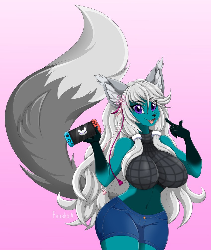 anthro big_breasts big_tail blue_body bottomwear breasts clothing electronics female fur game_console gradient_background grey_body grey_fur looking_at_viewer multicolored_body multicolored_fur open_mouth purple_eyes shorts simple_background smile solo standing sweater switch_console tail topwear turtleneck white_body white_fur octavio-monstero nintendo nintendo_switch canid canine fox mammal absurd_res hi_res