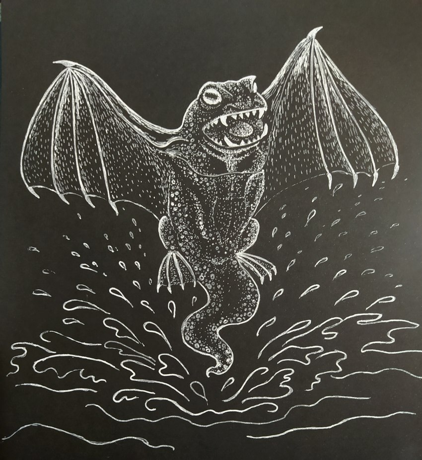 ambiguous_gender bat_wings black_background fangs feet feral jumping membrane_(anatomy) membranous_wings simple_background solo splash teeth toes water webbed_feet wings oneya european_mythology mythology welsh_mythology amphibian monster water_leaper absurd_res black_and_white hi_res monochrome traditional_media_(artwork)