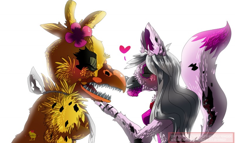 anthro claws duo fangs female flower fur hair heart_symbol kissing machine plant smile teeth white_hair yellow_body yellow_fur hiyoko five_nights_at_freddy's five_nights_at_freddy's_4 scottgames nightmare_chica_(fnaf) nightmare_mangle_(fnaf) animatronic avian bird canid canine chicken fox galliform gallus_(genus) mammal phasianid robot digital_media_(artwork) hi_res