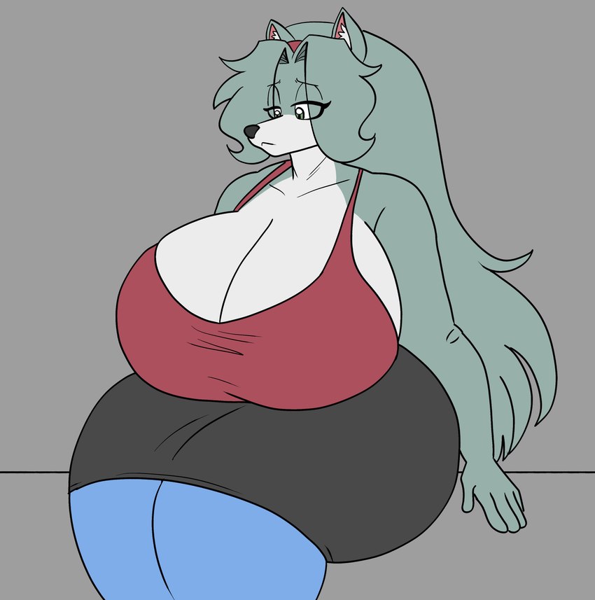 anthro big_breasts big_butt black_nose bottomwear breasts butt clothing eye_through_hair eyebrow_through_hair eyebrows female fur grey_body grey_fur hair huge_breasts huge_butt huge_hips huge_thighs hyper hyper_breasts long_hair multicolored_body sad shirt sitting skirt solo tank_top thick_thighs topwear translucent translucent_hair white_body white_fur wide_hips harry_amorós harriet_(harry_amoros) canid canine canis mammal wolf absurd_res hi_res trans_(lore) trans_woman_(lore)