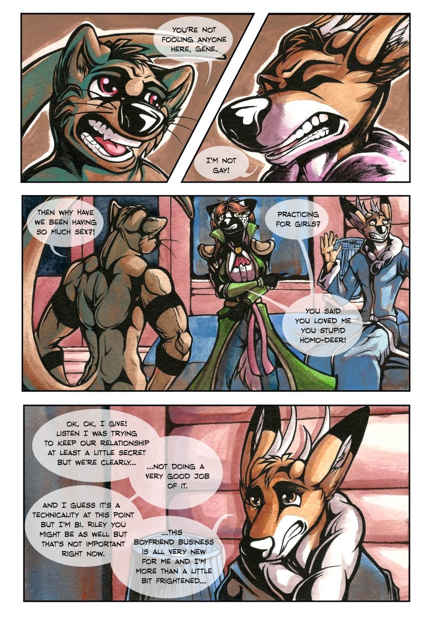 anthro argument confession dialogue female grimace group hands_in_air male male/female speech_bubble text vampire_hunter_boyfriends boneitis elle_parker gene_trifell riley_(boneitis) deer hyena mammal mustelid new_world_deer otter river_otter striped_hyena white-tailed_deer denial_(disambiguation) comic english_text gouache_(artwork) hi_res painting_(artwork) traditional_media_(artwork)