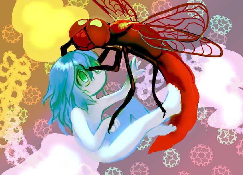 ambiguous_gender duo feral hair insect_wings long_hair nude wings dokudrinker arthropod dragonfly human insect mammal digital_drawing_(artwork) digital_media_(artwork) hi_res