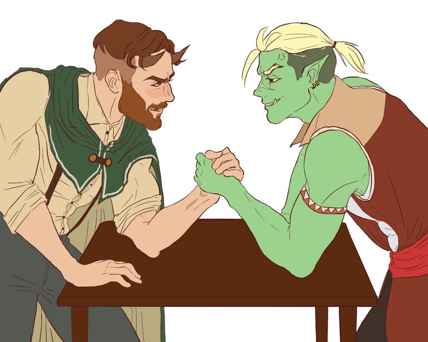 2_horns arm_wrestling beard clothed clothing duo facial_hair facial_scar fully_clothed green_body green_skin horn humanoid_pointy_ears male not_furry pointy_ears scar billiespennyjar drawfee_(copyright) drawtectives emery_justice gyorik_rogdul horned_humanoid humanoid orc 5:4