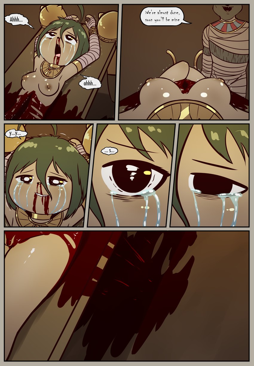 ahoge ankh anklet anthro big_pupils blood blood_pool blush bodily_fluids bound breasts canopic_jar choker clitoris container dead_eyes death dilated_pupils duo dying female genitals gore gore_focus guts gutted hair happy imminent_death intestines jar jewelry love male marriage_proposal mummification navel necklace nipples nosebleed organs pain pupils pussy romantic romantic_couple shaking slit_(wound) small_pupils smile struggling submissive submissive_female suffering sweat torture trembling under_boob wedding wince wounded e254e dorotty_(e254e) canid canine canis domestic_dog jackal mammal mummy undead absurd_res comic hi_res