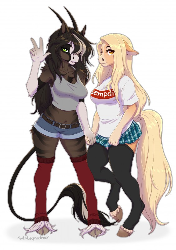 amber_eyes anthro blonde_hair breasts clothed clothing cloven_hooves crop_top duo eyebrows eyelashes female fetlocks footwear hair hooves legwear midriff shirt smile socks standing thigh_highs thigh_socks topwear unguligrade yellow_eyes kyotoleopard asher_(f-r95) diana_(kyotoleopard) antelope bovid equid equine horse mammal 2019 absurd_res digital_media_(artwork) hi_res