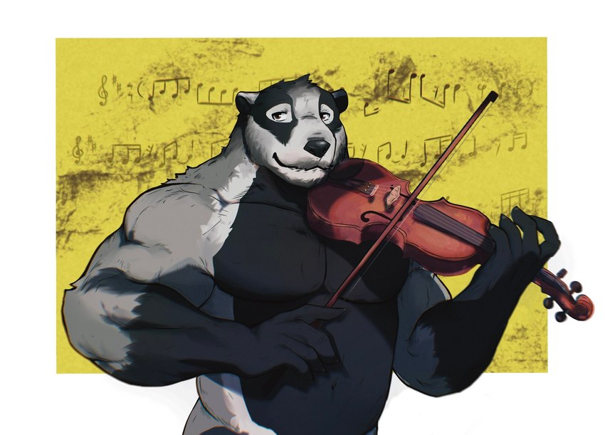 anthro black_body black_fur bowed_string_instrument fur grey_body grey_fur looking_aside male multicolored_body multicolored_fur muscular muscular_male musical_instrument musical_note musical_symbol nude playing_music playing_violin simple_background solo string_instrument symbol violin white_background yellow_background nullshark1 echo_(series) echo_project the_smoke_room nikolai_krol badger european_badger mammal meles mustelid musteline 2022 alternate_version_at_source half-length_portrait hi_res portrait