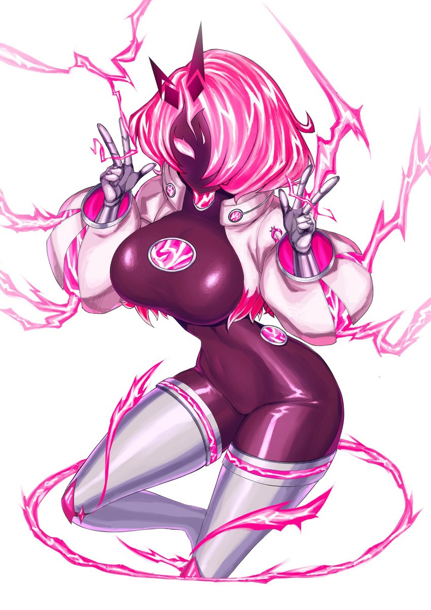 big_breasts bodysuit breasts clothing electric_body electricity electricity_manipulation elemental_manipulation female gesture hair hand_gesture huge_breasts long_boots pink_body pink_eyes pink_hair plasma_body short_hair simple_background skinsuit solo tight_clothing v_sign enmoenmo konami yu-gi-oh! spright_carrot fairy humanoid pixie spright hi_res