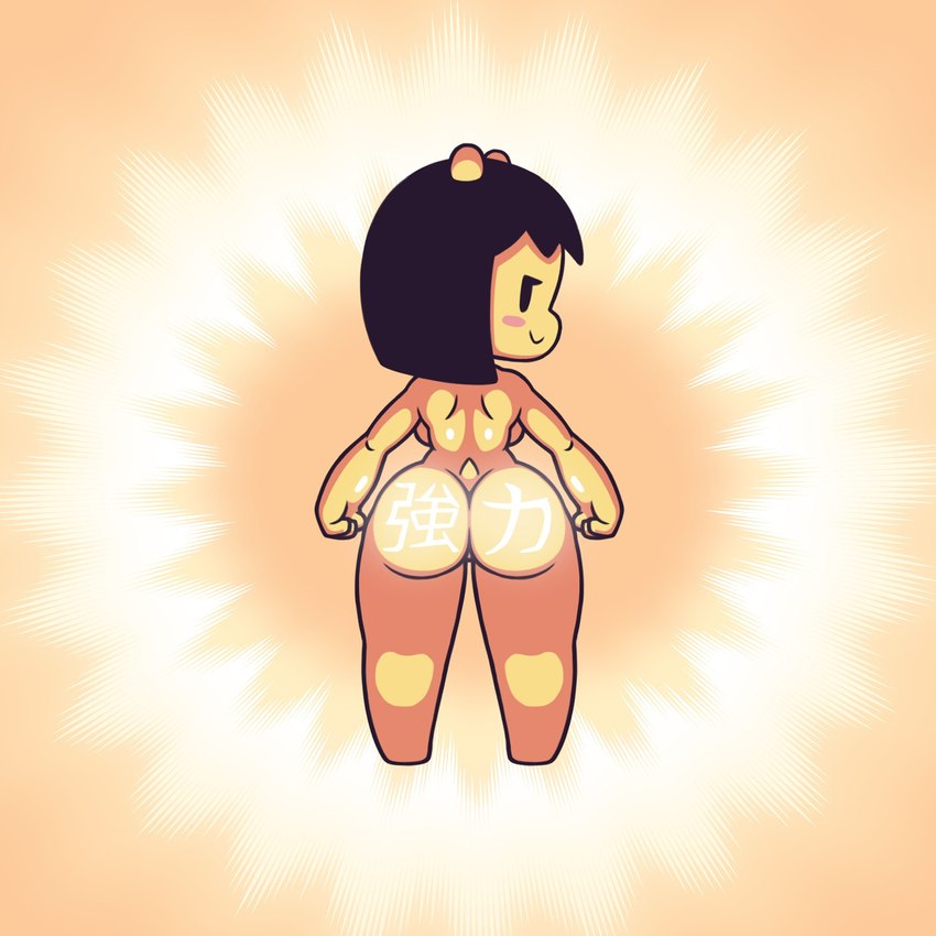 big_butt black_hair blush breasts butt female hair horn looking_at_viewer looking_back nude raised_tail rear_view short_stack short_tail shun_goku_satsu smile smiling_at_viewer tail text thick_thighs yellow_body yellow_skin shy_ayu yopy yuh_(yopy) 1:1 digital_media_(artwork) hi_res translated