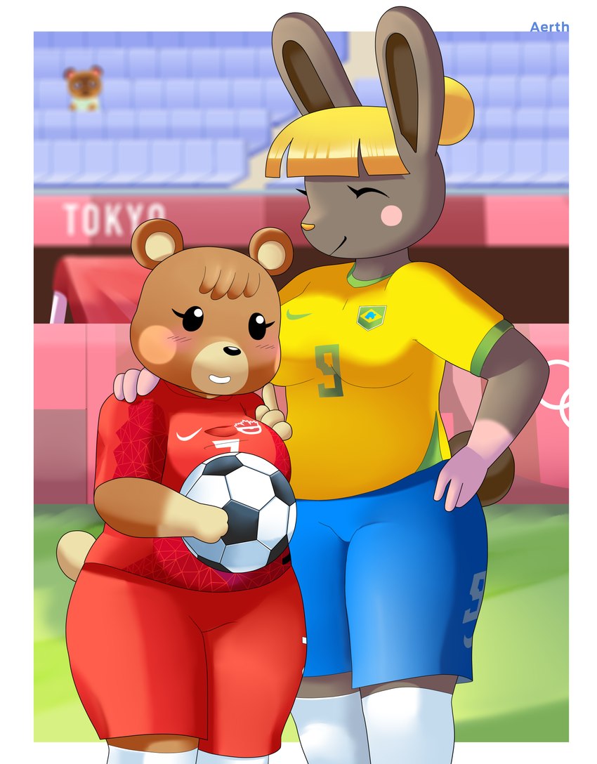anthro ball blonde_hair blush blush_stickers brown_body brown_fur clothing duo_focus female fur group hair hand_on_shoulder male modern_architecture scut_tail short_tail soccer_ball soccer_uniform sportswear stadium tail tokyo uniform aerth 2020_tokyo_olympics animal_crossing nintendo olympics bonbon_(animal_crossing) maple_(animal_crossing) tom_nook_(animal_crossing) bear canid canine lagomorph leporid mammal rabbit raccoon_dog tanuki ursine 2021 absurd_res hi_res