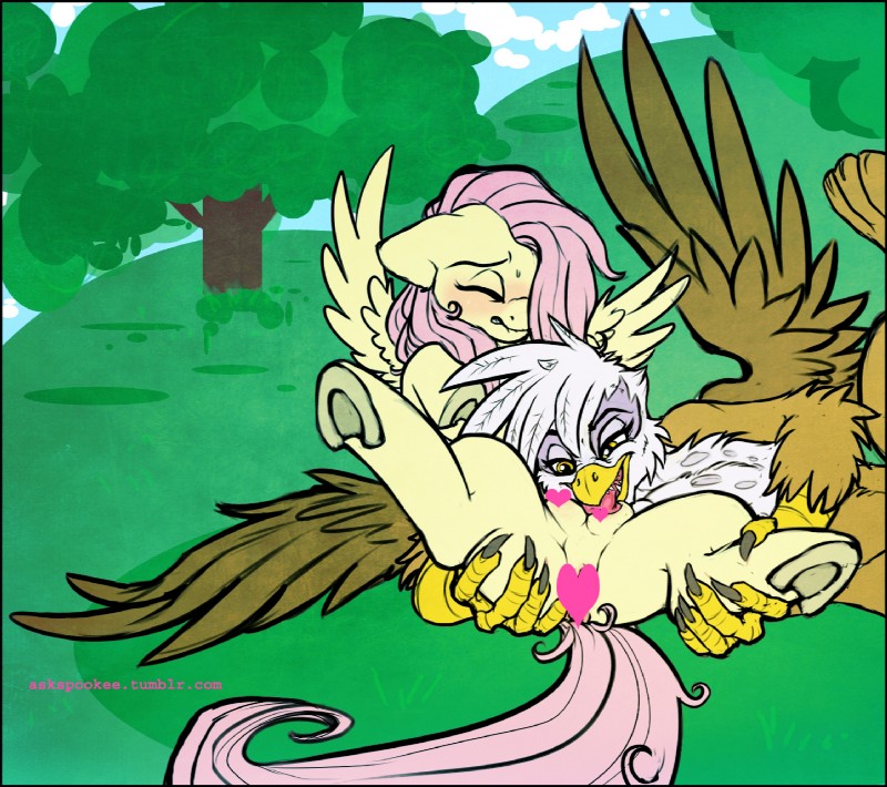 beak blush duo feathered_wings feathers female female/female feral heart_censor heart_symbol interspecies licking plant tail teats text tongue tongue_out tree wings wood yellow_body yellow_eyes yellow_feathers zeriara friendship_is_magic hasbro my_little_pony mythology fluttershy_(mlp) gilda_(mlp) avian equid equine gryphon mammal mythological_avian mythological_creature mythological_equine pegasus 2012 censored hi_res url