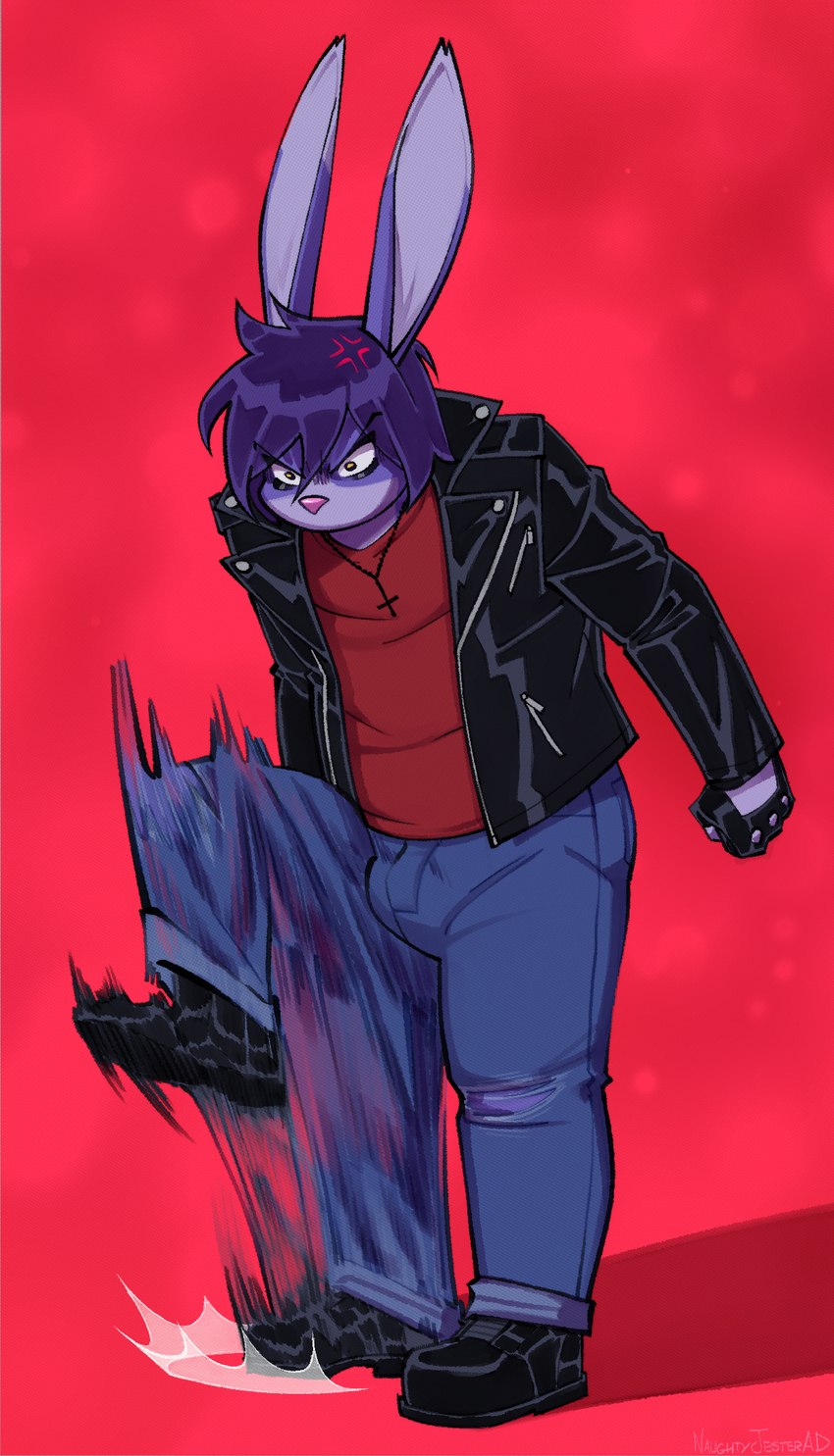 anthro boots bottomwear clothing cross-popping_vein denim denim_bottomwear denim_clothing fingerless_gloves footwear fur gloves hair half-closed_eyes handwear jacket jeans leather leather_clothing leather_jacket leather_topwear male narrowed_eyes pants purple_body purple_fur purple_hair red_background shoes simple_background solo thumping topwear naughtyjester arthur_(lapinbeau) lagomorph leporid mammal rabbit 2024 hi_res