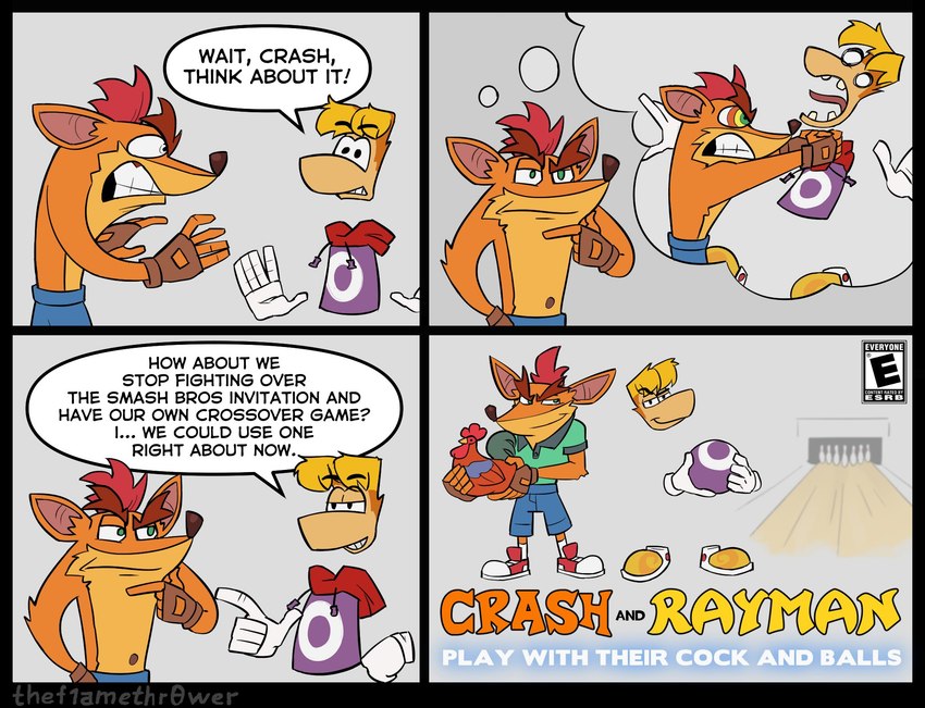 angry anthro asphyxiation bowling_pin choking clenched_teeth clothed clothing dialogue duo eyebrows fingerless_gloves fur gloves green_eyes handwear innuendo male open_mouth raised_eyebrow smile smug teeth text thinking thoughtful_expression tongue thef1amethr0wer activision crash_bandicoot_(series) rayman_(series) ubisoft crash_bandicoot rayman avian bandicoot bird chicken galliform gallus_(genus) humanoid mammal marsupial phasianid raypeople_(rayman) 2021 comic crossover english_text hi_res