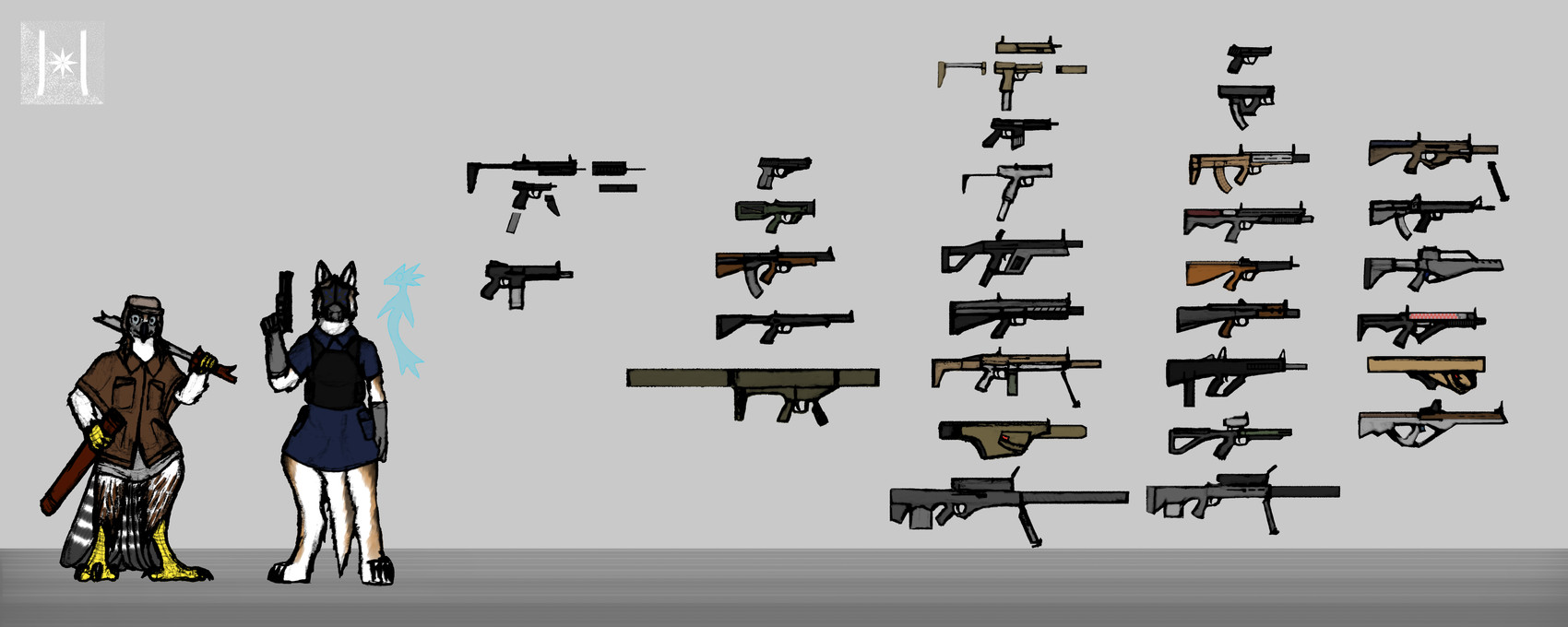 4_fingers 4_toes 5_fingers anthro armor artificial_intelligence assault_rifle bipod black_body black_claws black_fur black_talons blue_body blue_clothing blue_eyes body_armor bomber_jacket bottomwear brown_body brown_clothing brown_feathers brown_fur brown_jacket brown_topwear bullpup bullpup_rifle carbine claws clothing crossbow cybernetics feathers feet female fingers fur grenade_launcher grey_bottomwear grey_clothing grey_skirt group gun handgun hat headgear headwear holding_gun holding_melee_weapon holding_object holding_ranged_weapon holding_scabbard holding_sword holding_weapon hologram holographic_body jacket kampilan laser_gun looking_at_viewer machine machine_gun male markings melee_weapon multicolored_body multicolored_fur ocular_prosthetic pistol plasma_gun pose pouches prosthetic prosthetic_arm prosthetic_limb railgun ranged_weapon revolver rifle rocket_launcher scabbard scales science_fiction scope security security_guard shotgun silencer simple_background skirt sniper_rifle standing striped_markings striped_tail stripes submachine_gun sword tail tail_feathers tail_markings talons toes topwear translucent translucent_body trio two_tone_body visor weapon white_body white_feathers white_fur yellow_body yellow_feet yellow_scales haribunawa mythology accipitrid accipitriform avian bird canid canine canis cyborg dragon eagle mammal mythological_creature mythological_scalie nanomachines philippine_eagle scalie wolf 2023 absurd_res concept_art hi_res multiple_images