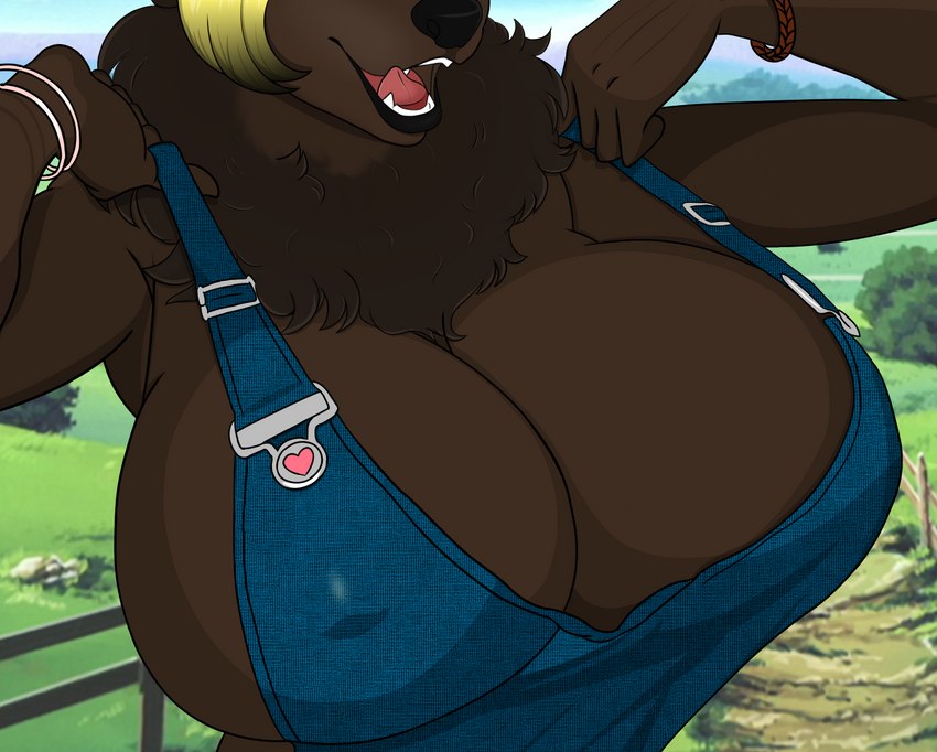 anthro big_breasts bracelet breast_shot breasts cleavage clothed clothing female huge_breasts jewelry licking licking_lips neck_tuft nipple_outline overalls solo tongue tongue_out tuft siur naelah_(nsfowork) bear mammal colored half-length_portrait hi_res portrait