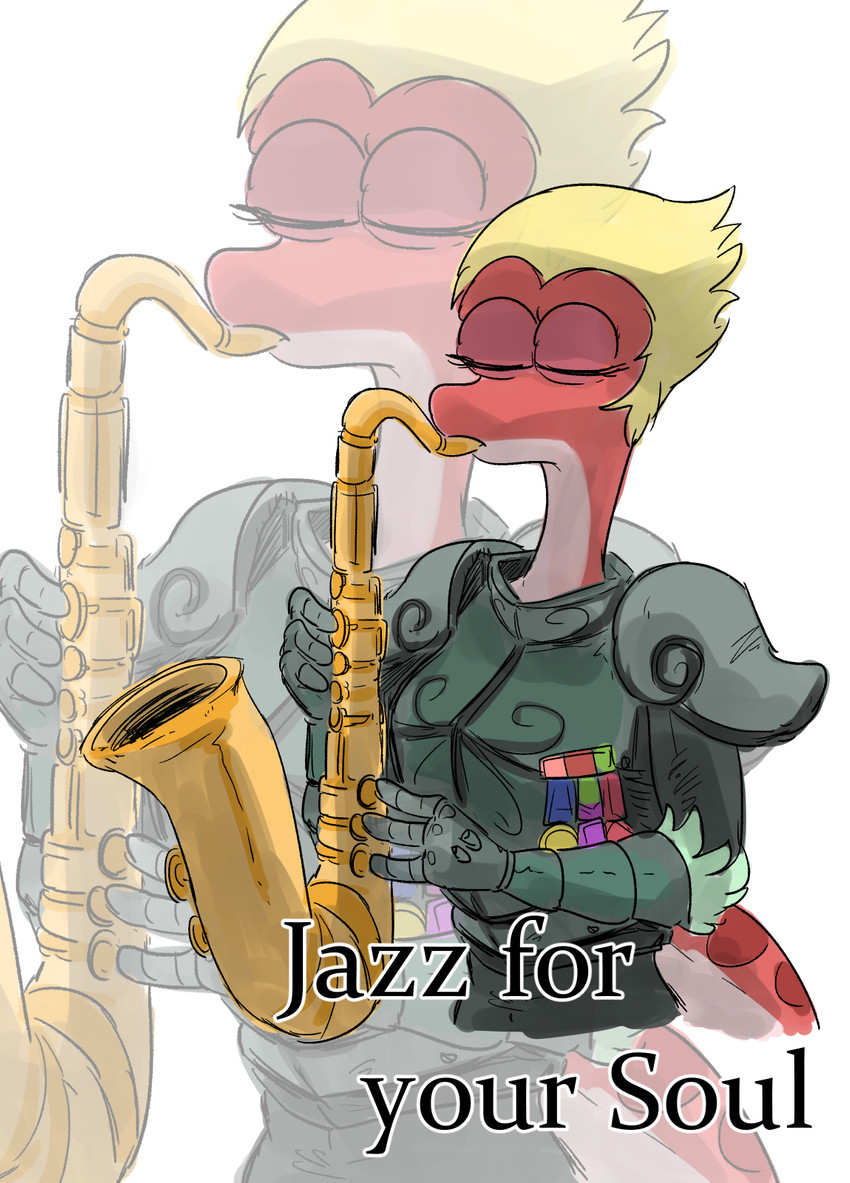 anthro armor blonde_hair blowup_background eyes_closed female hair humor musical_instrument red_body saxophone simple_background solo tenor_saxophone text wind_instrument woodwind_instrument thedarkzircon amphibia_(series) disney jazz_for_your_soul general_yunan amphibian newt salamander 2021 english_text hi_res meme