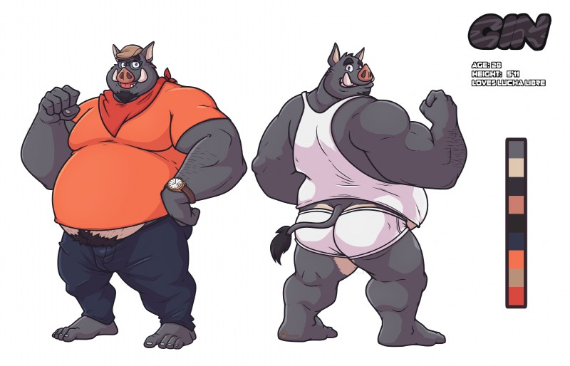 anthro belly bottomwear butt clothing humanoid_hands male overweight overweight_anthro overweight_male pants pubes shirt simple_background solo text topwear underwear almasy gin_(chunkyboardad) mammal suid suina sus_(pig) wild_boar 2020 absurd_res hi_res