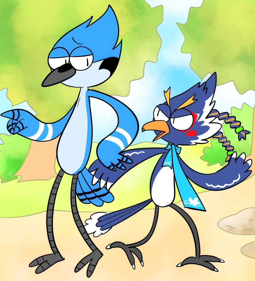 anthro beak blue_body blue_feathers duo feathers looking_back male outside plant scarf standing toony tree popemadara breath_of_the_wild cartoon_network nintendo regular_show the_legend_of_zelda mordecai_(regular_show) revali avian bird blue_jay corvid jay_(bird) new_world_jay oscine passerine rito crossover