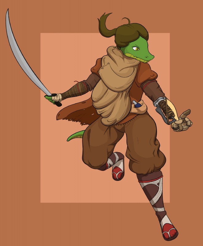 amputee anthro brown_hair clothing disability green_body green_skin hair melee_weapon prosthetic prosthetic_arm prosthetic_limb scarf simple_background solo sword weapon dr_zombie fromsoftware sekiro:_shadows_die_twice russie alligator alligatorid crocodilian reptile scalie 2019 hi_res